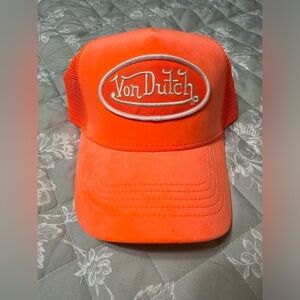 Von Dutch Neon Orange Velvet Trucker Hat, Adjustable (v)